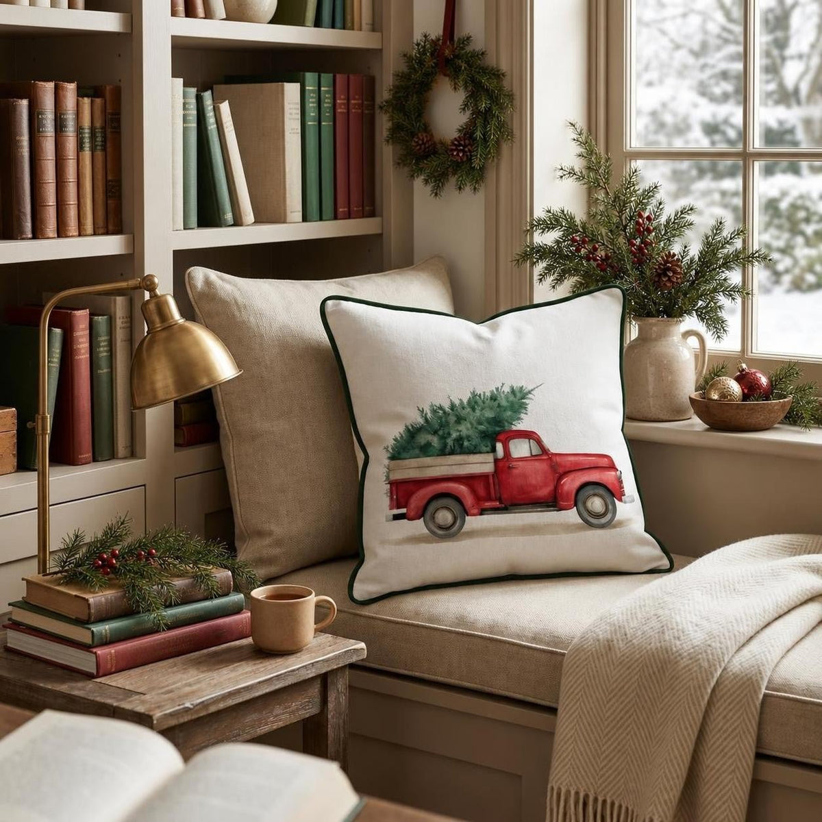 Red Truck Christmas Tree Throw Pillow throw pillow - Hillcroft Home