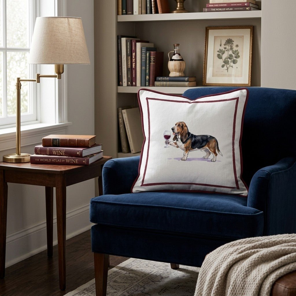 Red Wine Basset Hound Throw Pillow - Hillcroft Home
