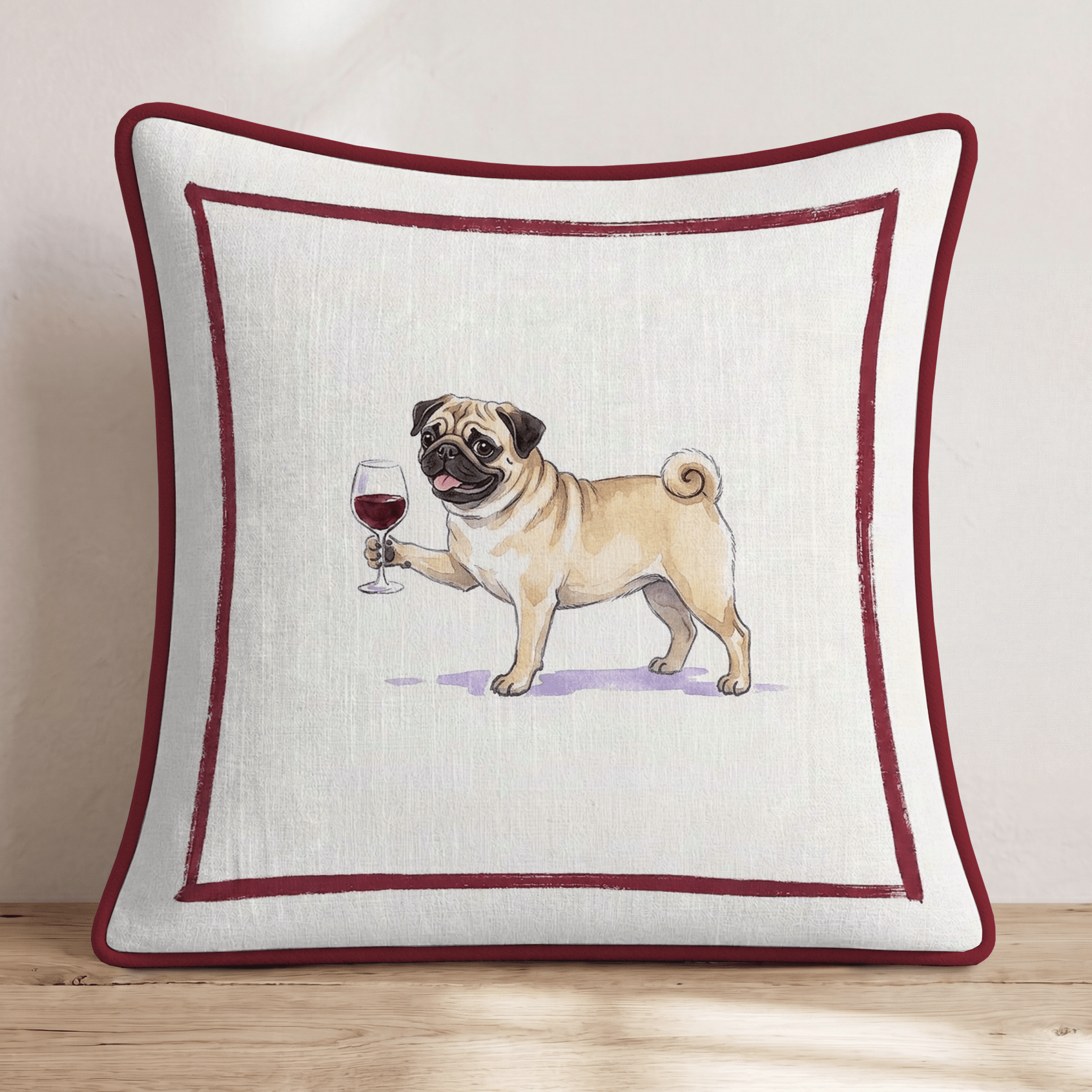 Red Wine Pug Throw Pillow - Hillcroft Home