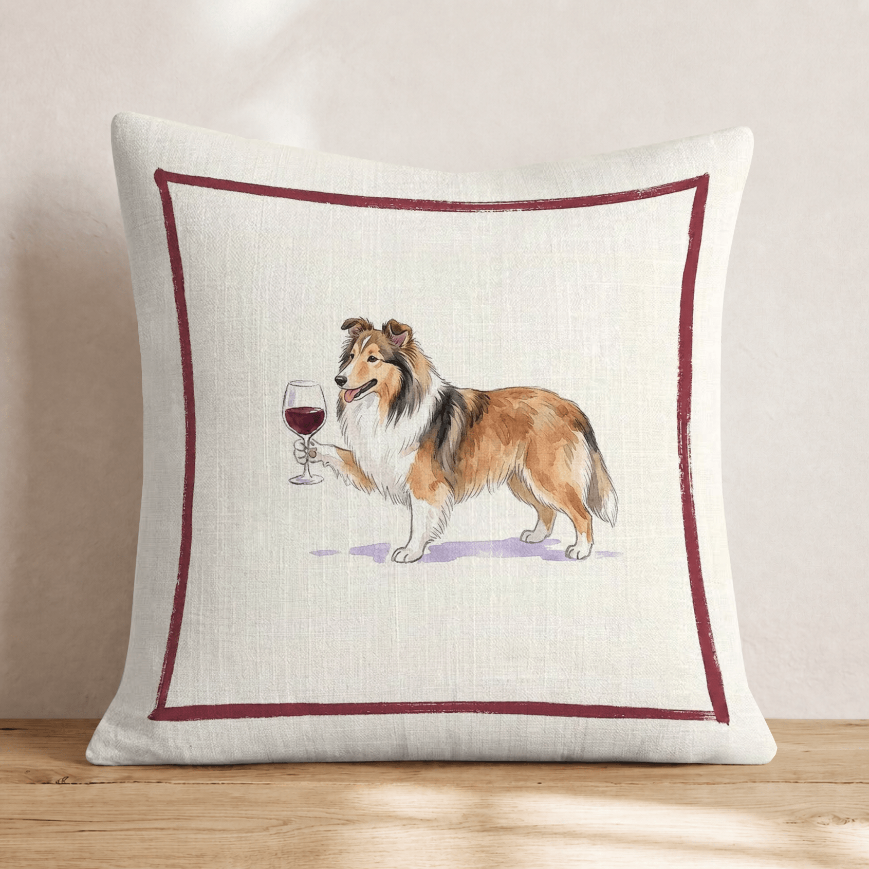 Red Wine Shetland Sheepdog Throw Pillow - Hillcroft Home