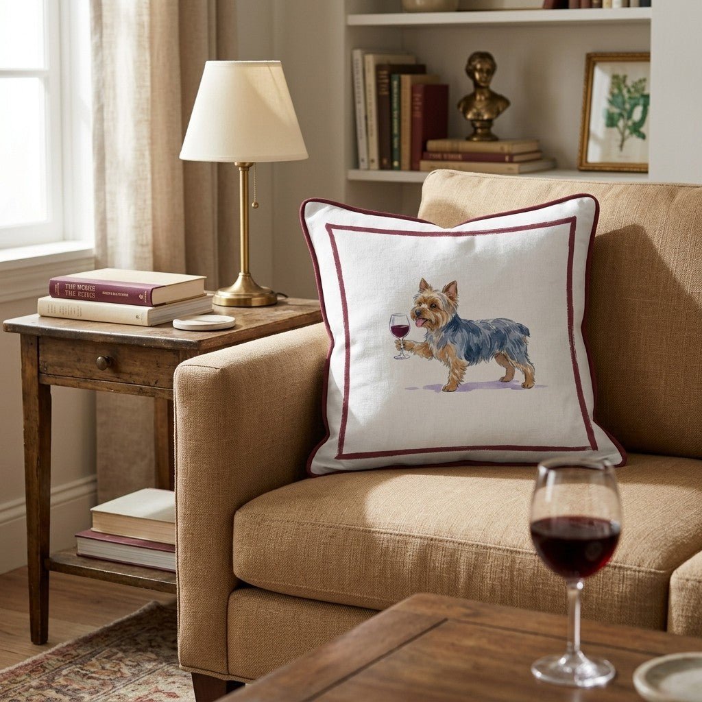 Red Wine Yorkshire Terrier Throw Pillow - Hillcroft Home