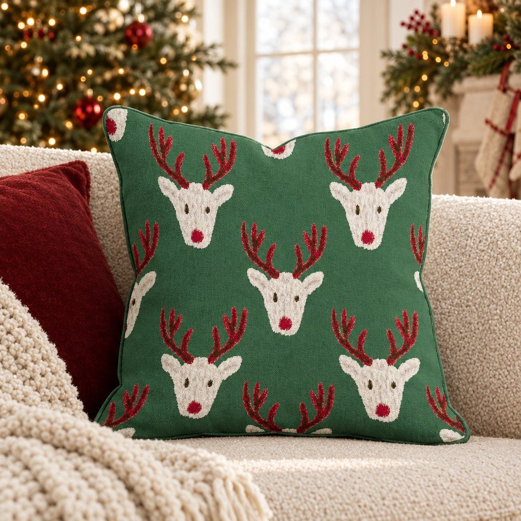 Reindeer Block Print Green Throw Pillow throw pillow - Hillcroft Home
