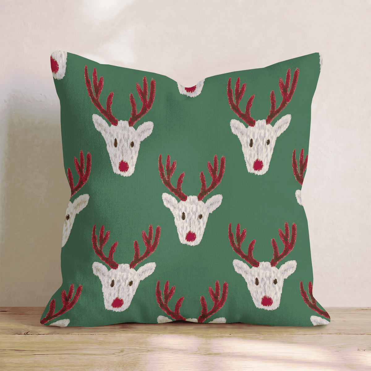 Reindeer Block Print Green Throw Pillow throw pillow - Hillcroft Home