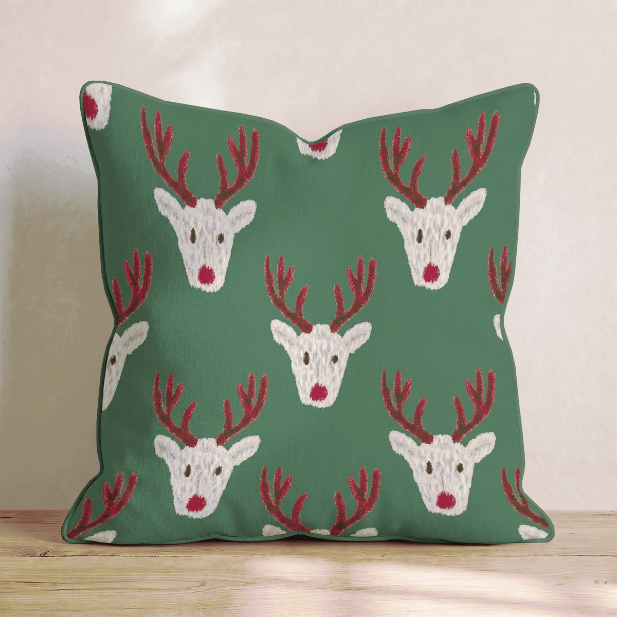Reindeer Block Print Green Throw Pillow throw pillow - Hillcroft Home