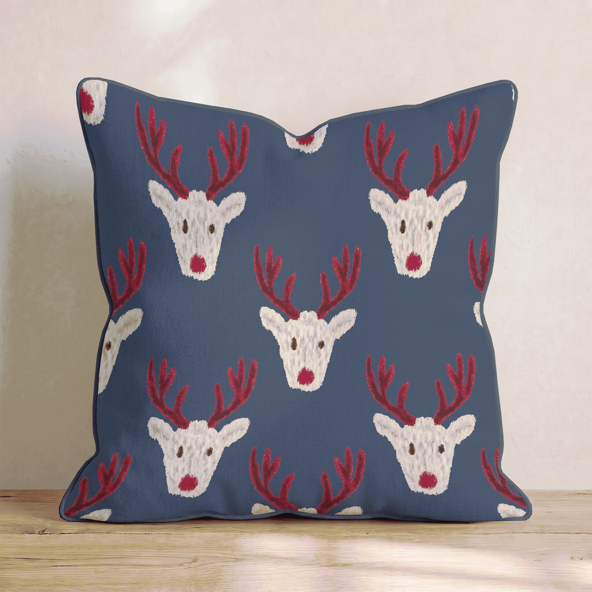 Reindeer Block Print Navy Throw Pillow throw pillow - Hillcroft Home