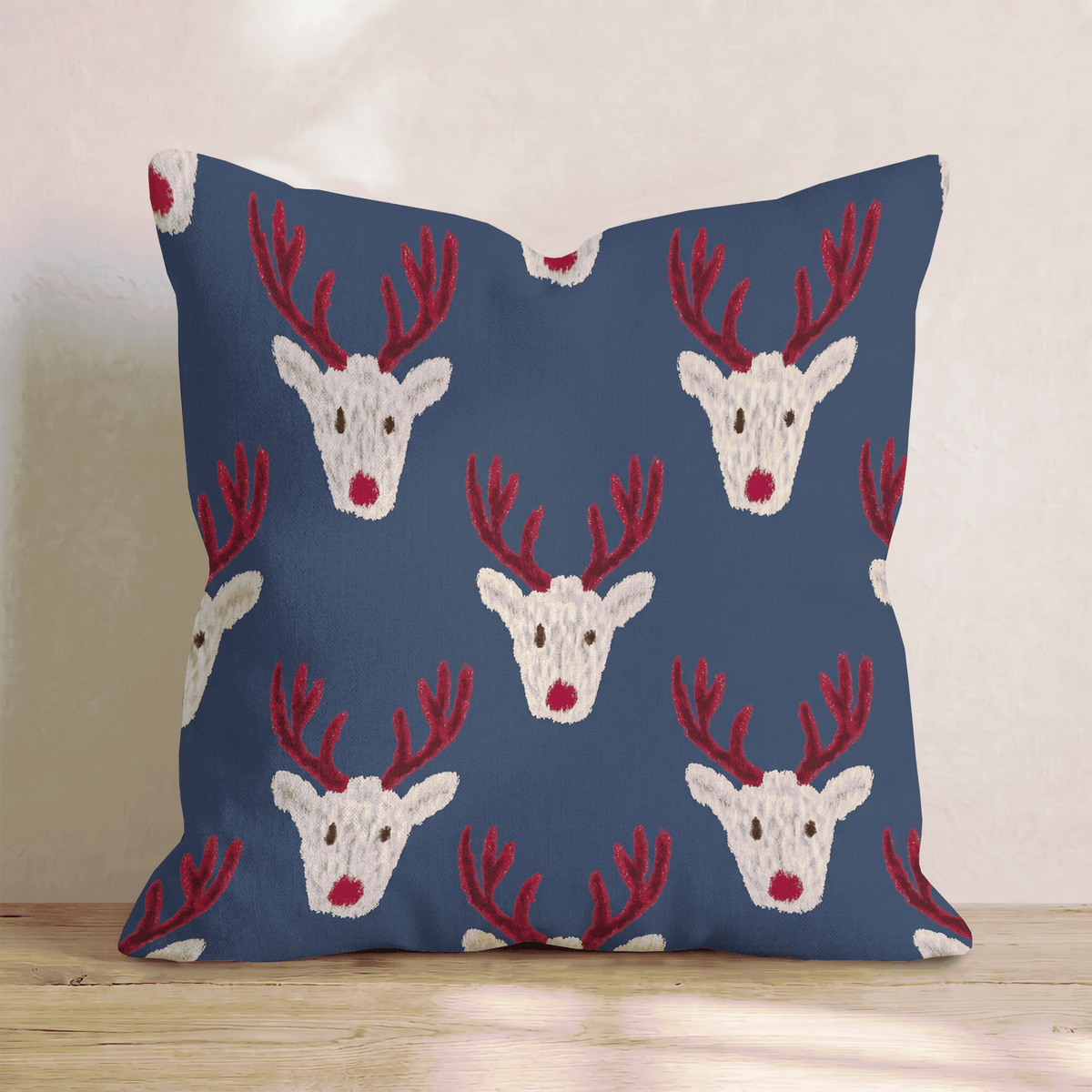 Reindeer Block Print Navy Throw Pillow throw pillow - Hillcroft Home
