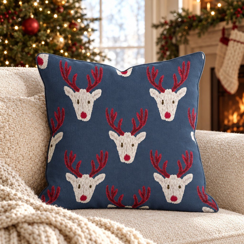 Reindeer Block Print Navy Throw Pillow throw pillow - Hillcroft Home