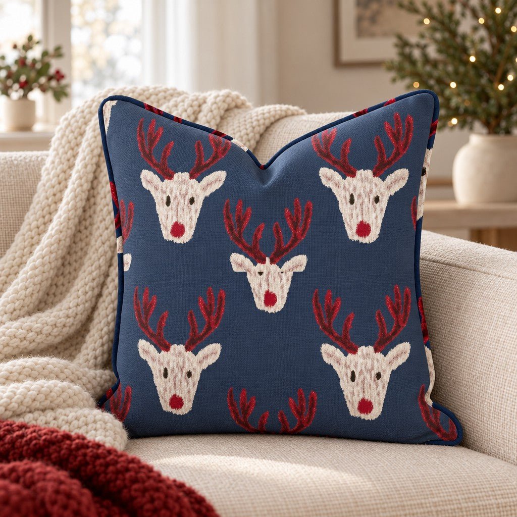 Reindeer Block Print Navy Throw Pillow throw pillow - Hillcroft Home
