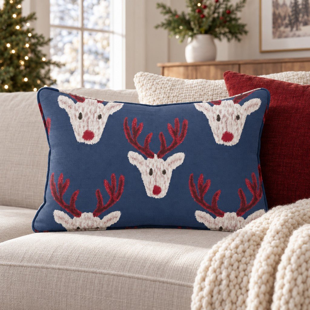 Reindeer Block Print Navy Throw Pillow throw pillow - Hillcroft Home