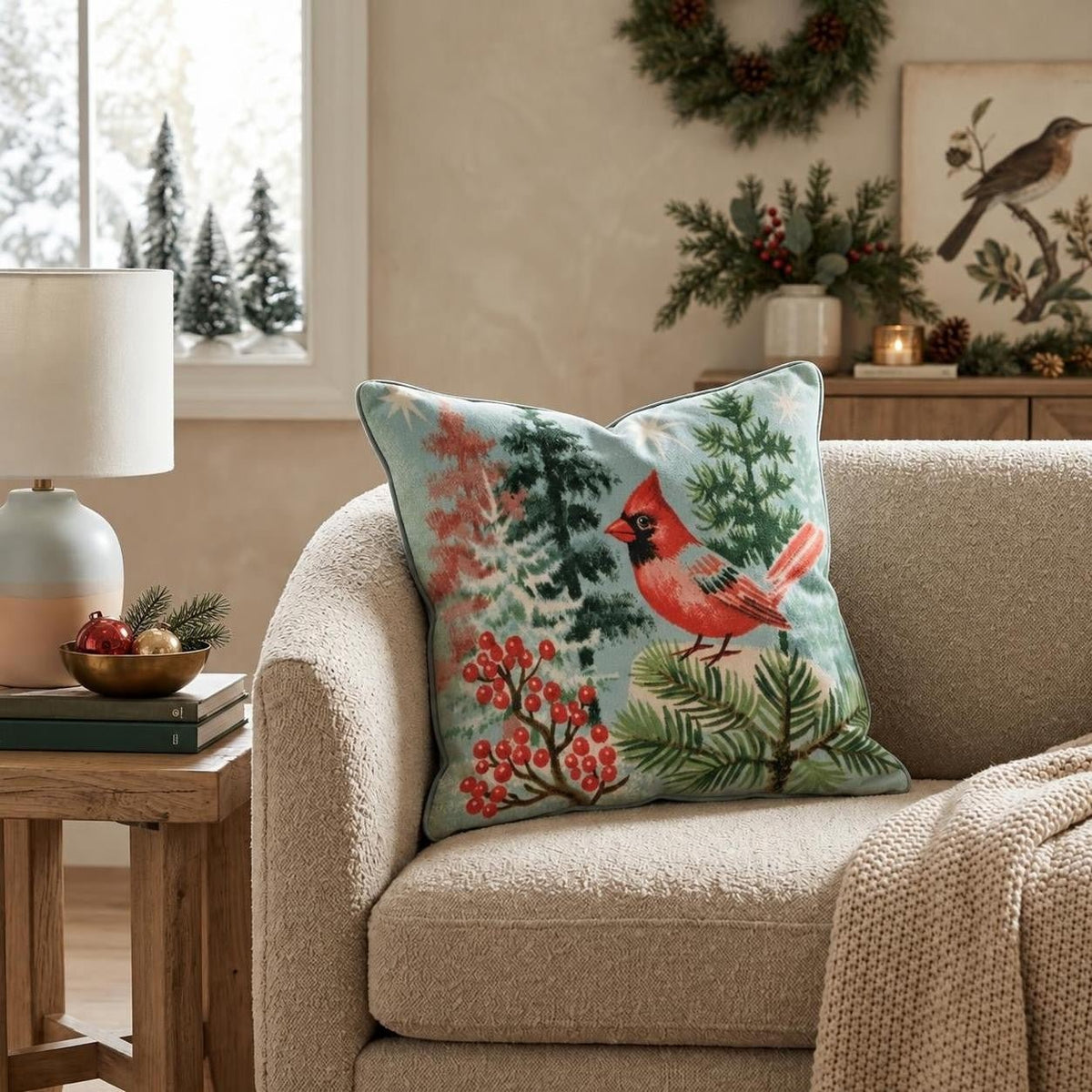Retro Cardinal Pines Throw Pillow throw pillow - Hillcroft Home