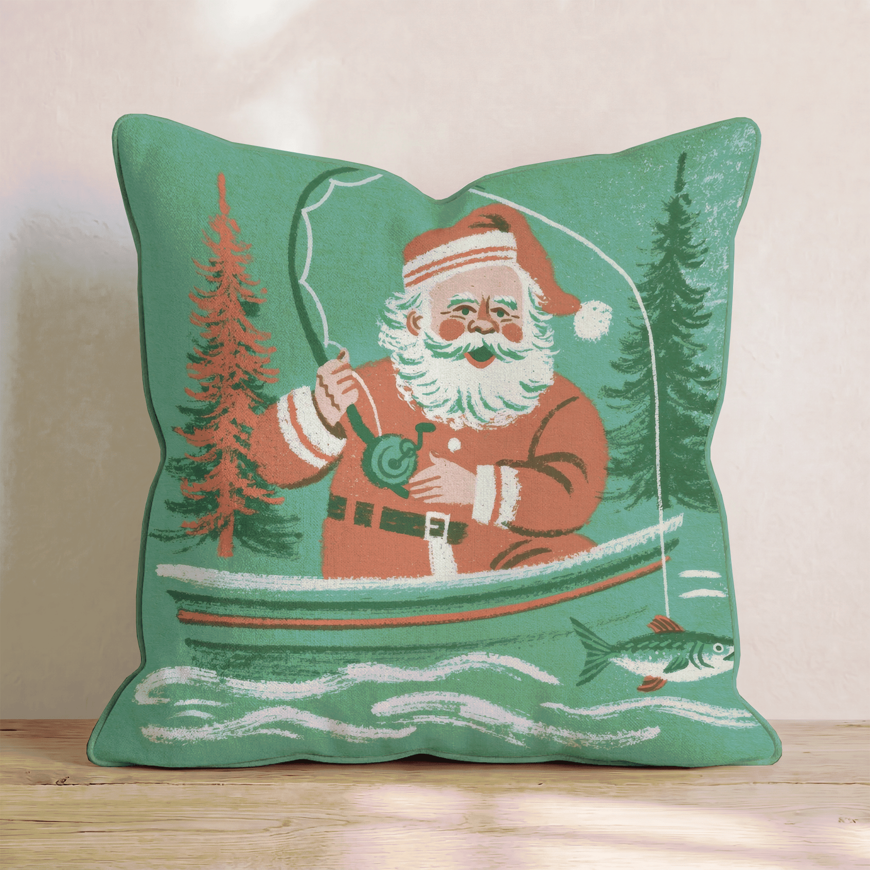 Retro Fisherman Santa Throw Pillow - Hillcroft Home