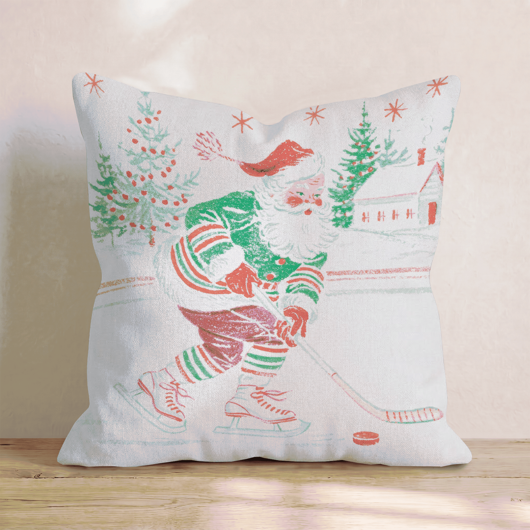 Retro Hockey Santa Throw Pillow - Hillcroft Home