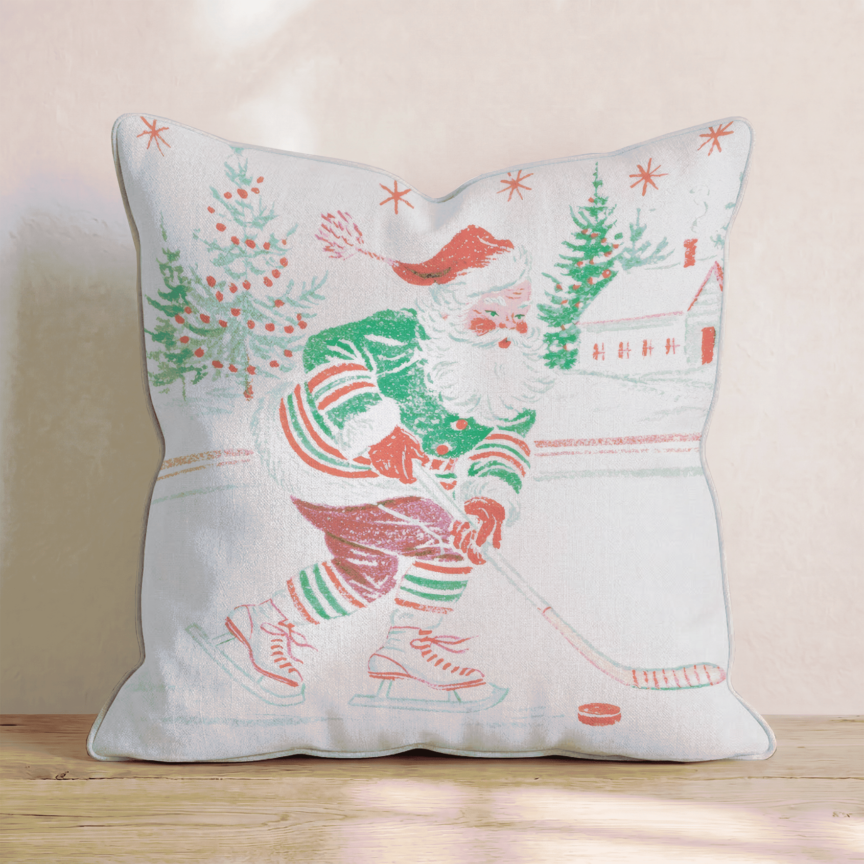 Retro Hockey Santa Throw Pillow - Hillcroft Home