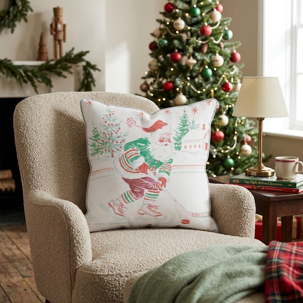 Retro Hockey Santa Throw Pillow - Hillcroft Home