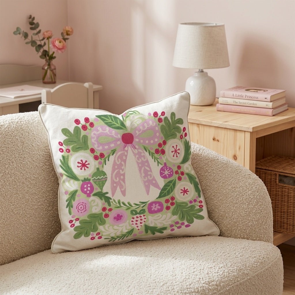 Retro Merry Christmas Wreath Throw Pillow - Hillcroft Home