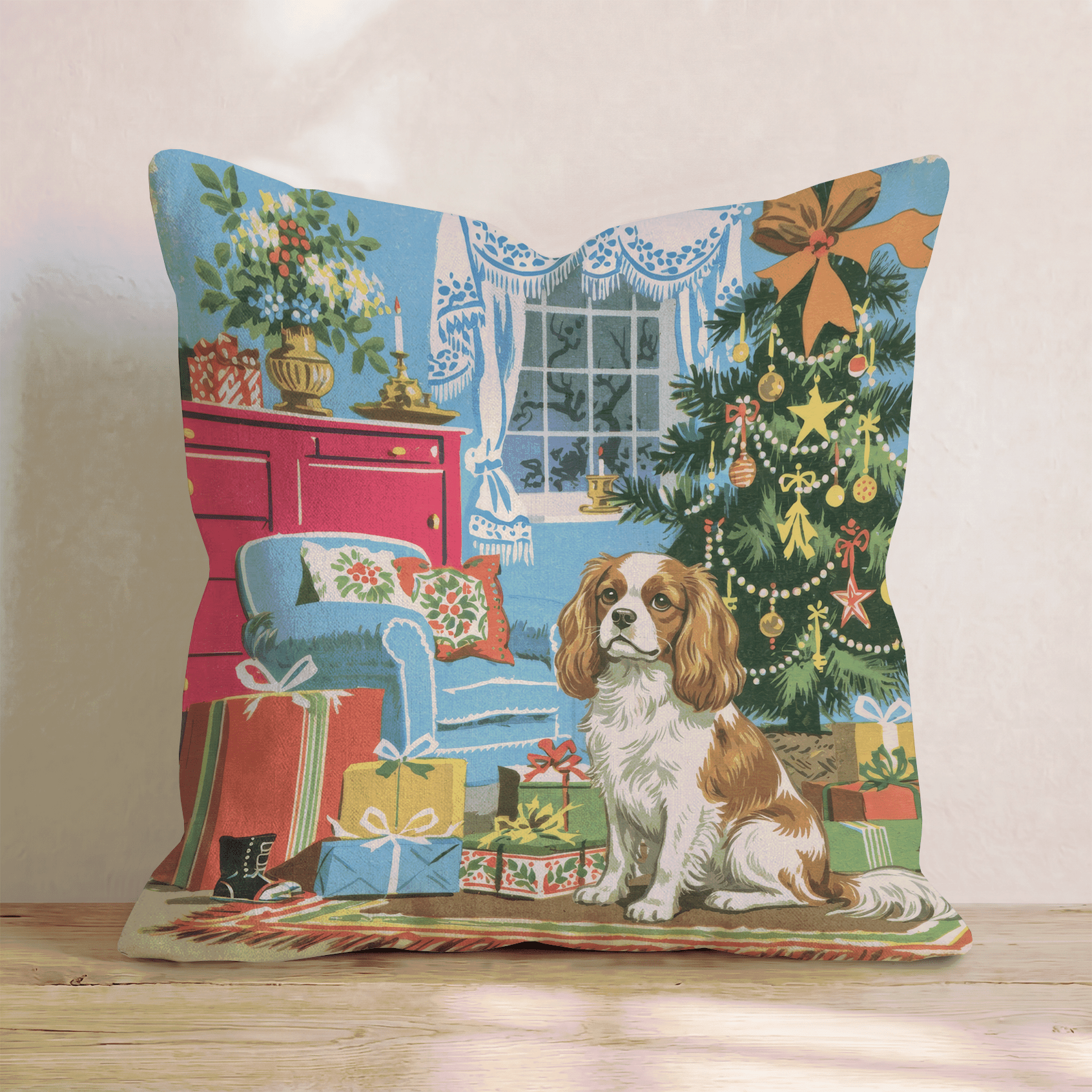 Retro Parlor Cavalier King Charles Spaniel Throw Pillow - Hillcroft Home