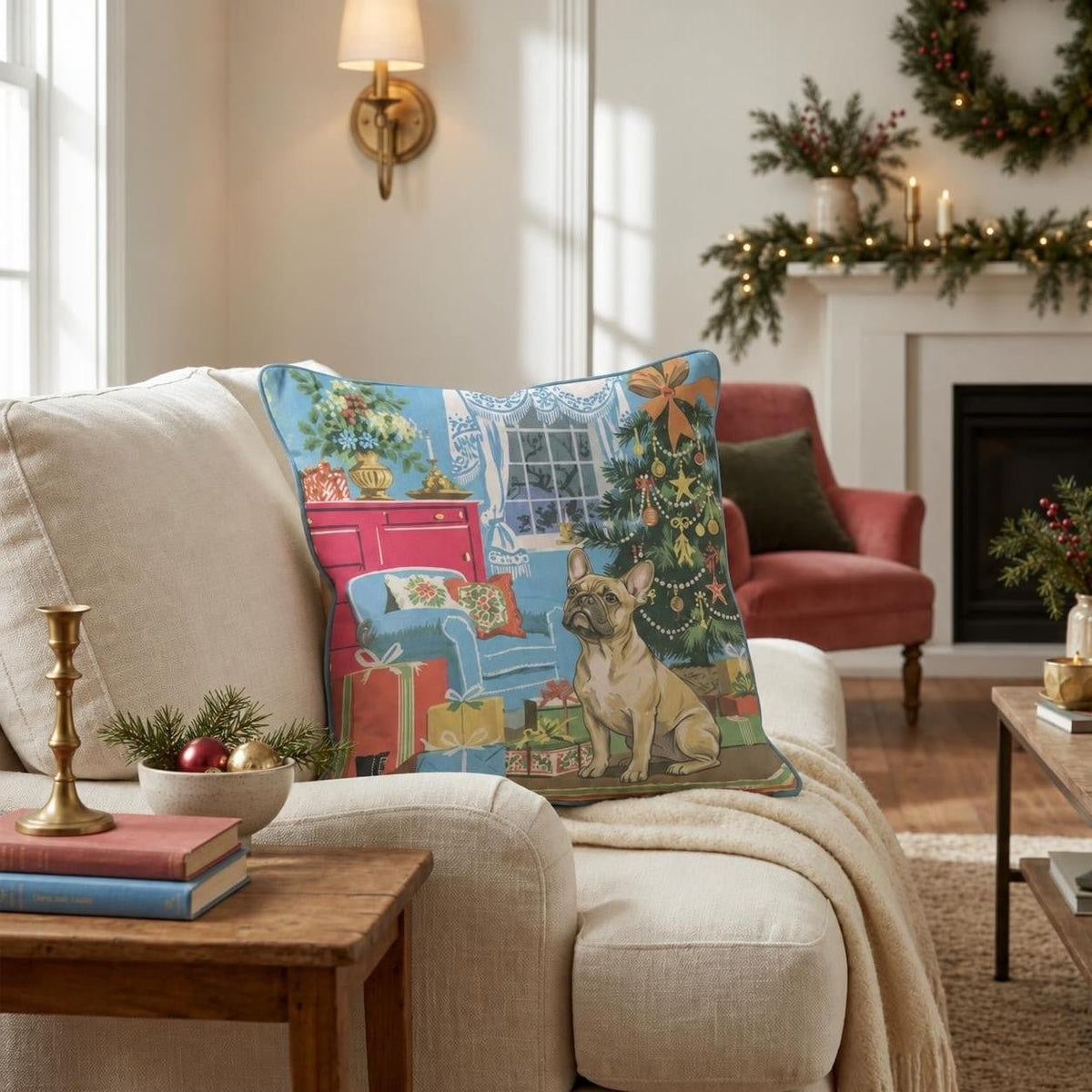 Retro Parlor French Bulldog Throw Pillow throw pillow - Hillcroft Home