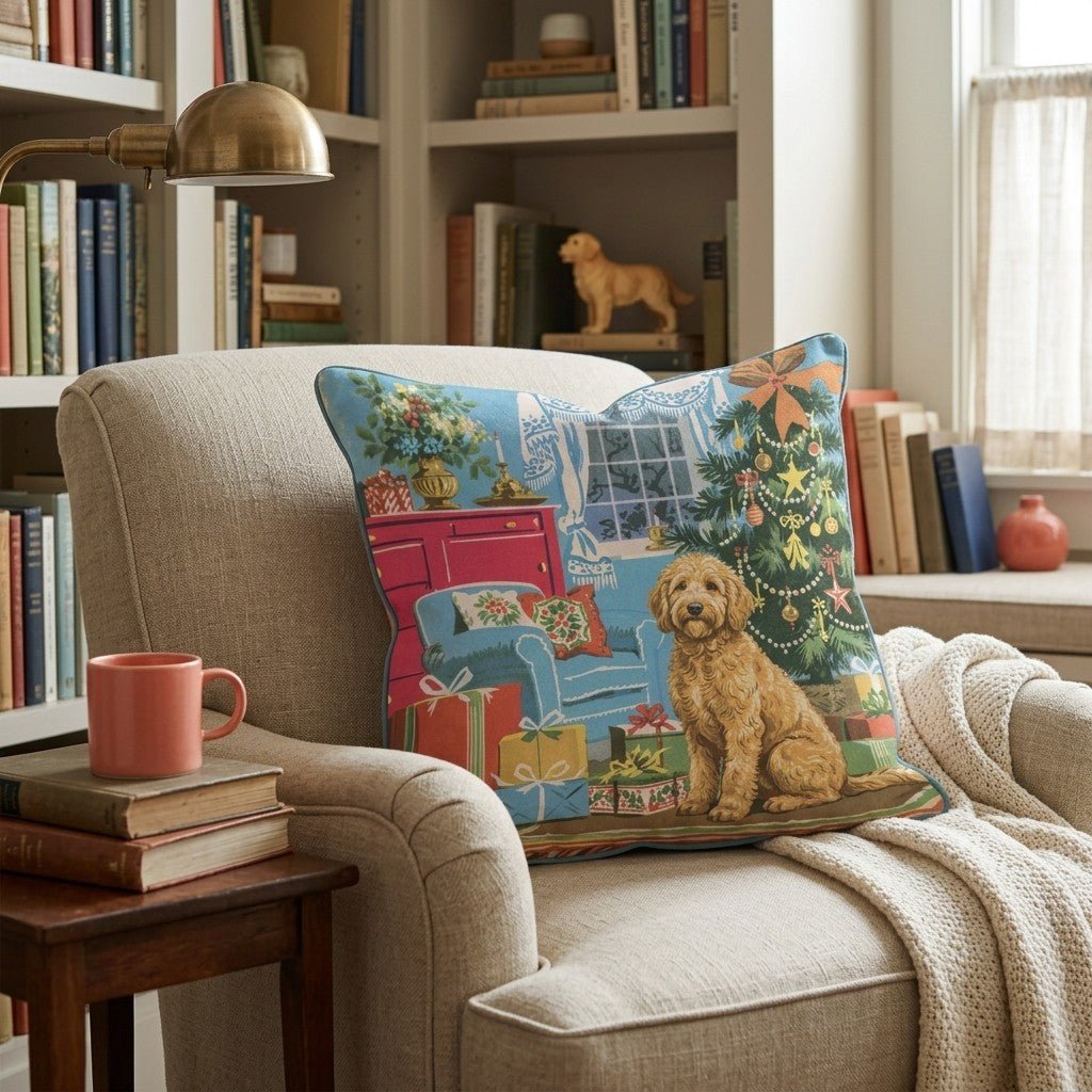 Retro Parlor Goldendoodle Throw Pillow - Hillcroft Home