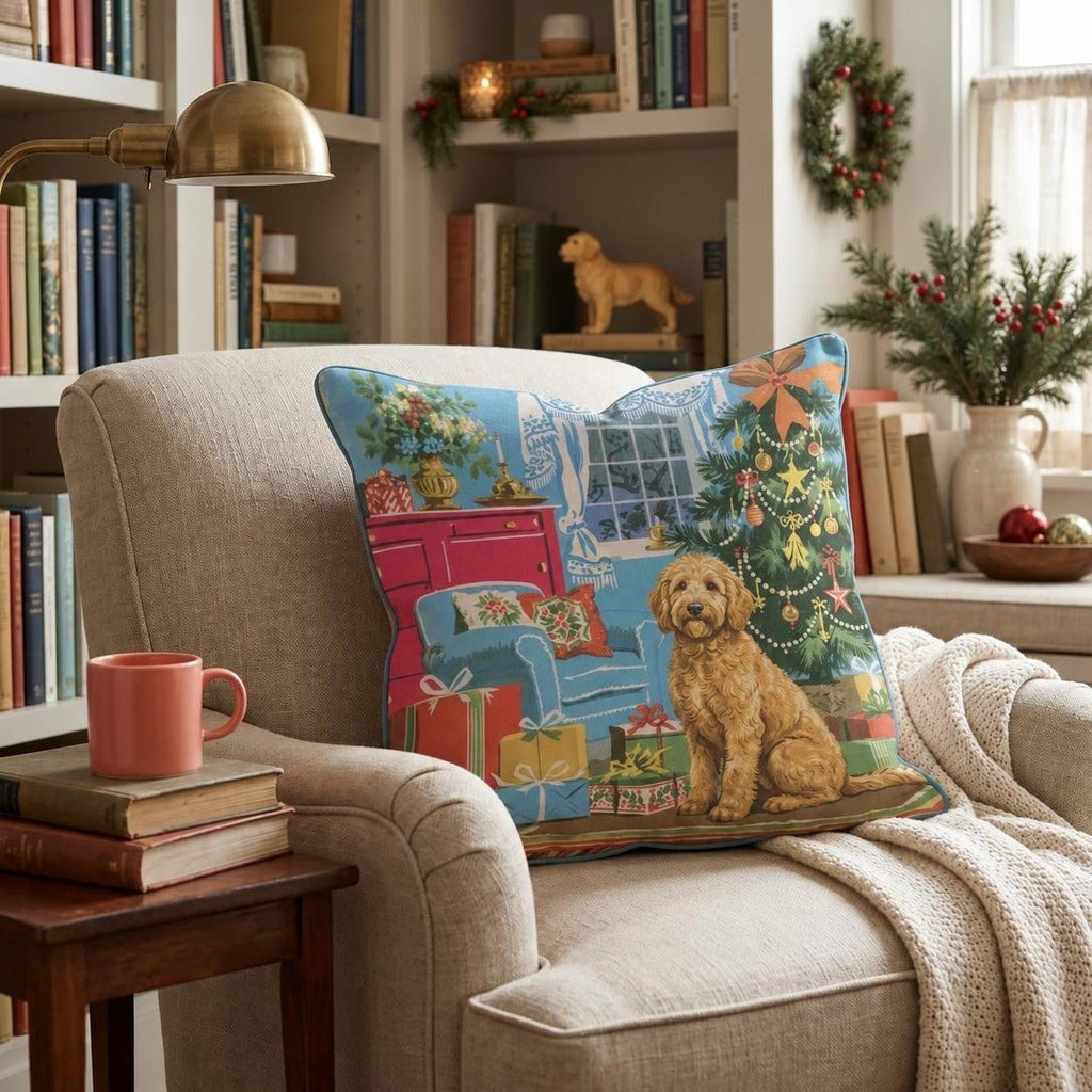 Retro Parlor Goldendoodle Throw Pillow throw pillow - Hillcroft Home