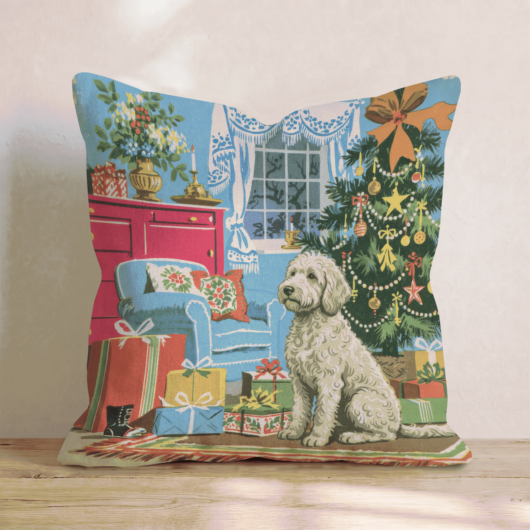 Retro Parlor Labradoodle Throw Pillow - Hillcroft Home