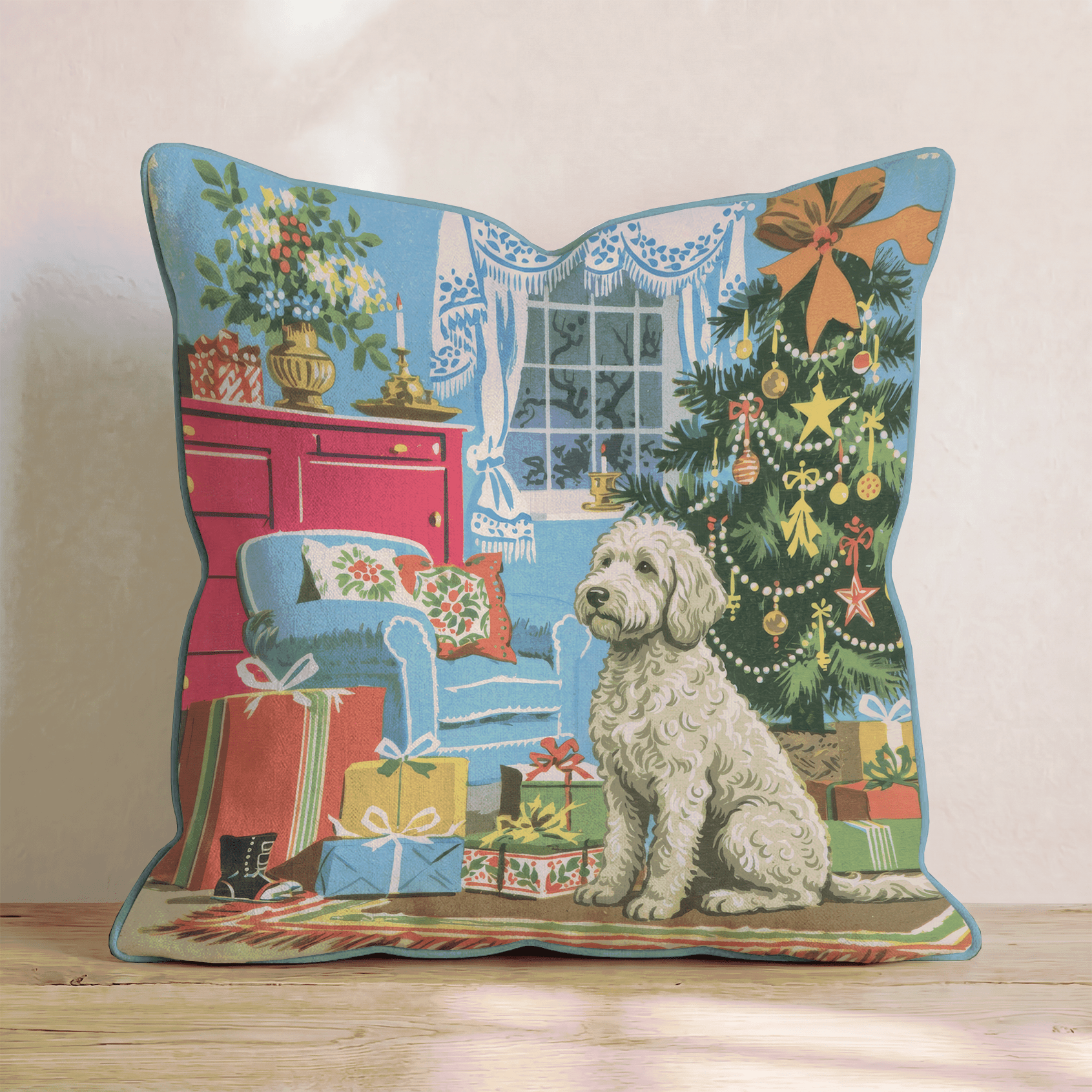 Retro Parlor Labradoodle Throw Pillow - Hillcroft Home