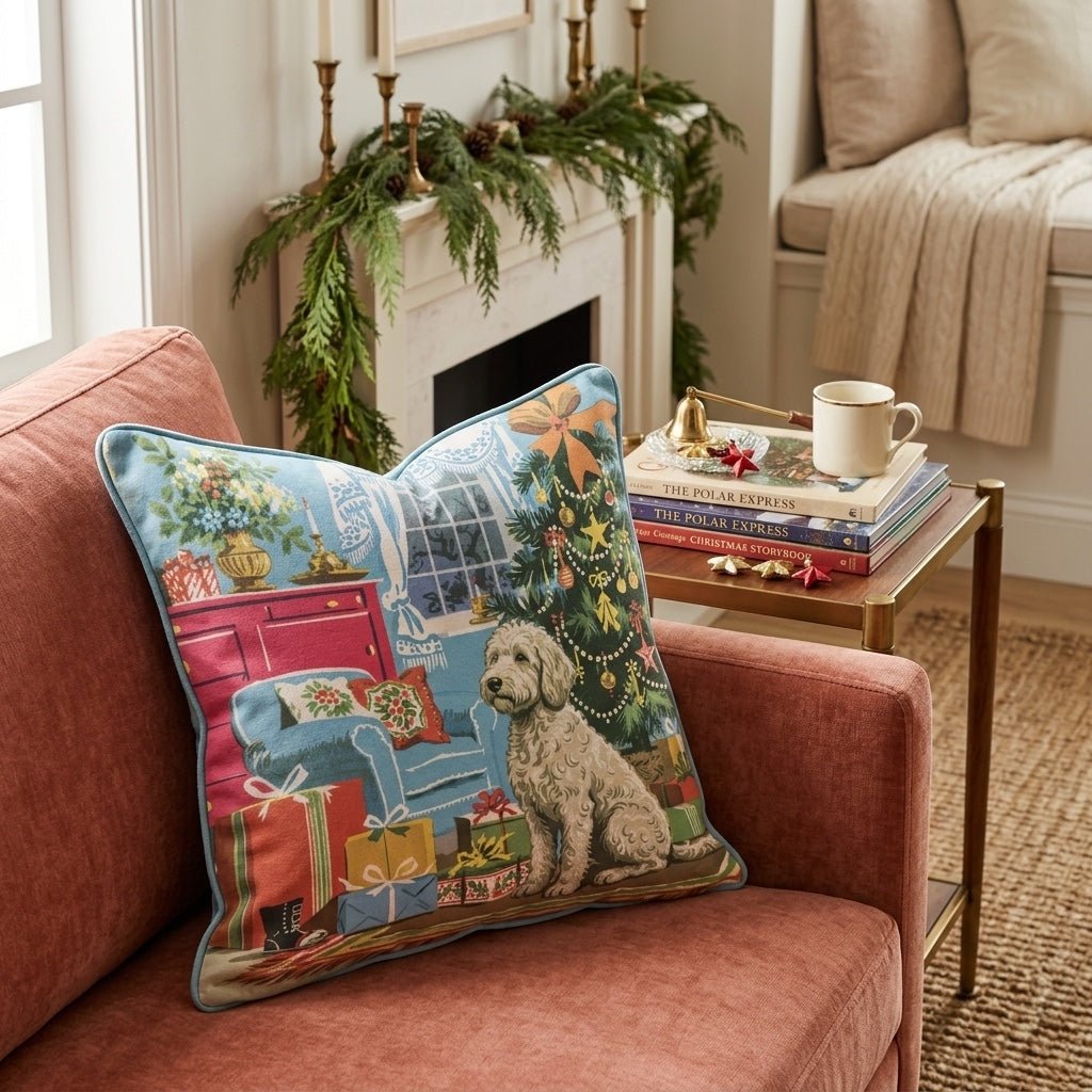Retro Parlor Labradoodle Throw Pillow - Hillcroft Home