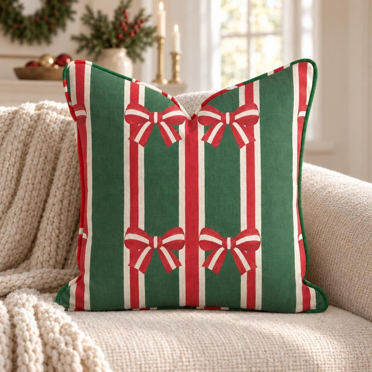 Ribbon & Evergreen Throw Pillow throw pillow - Hillcroft Home