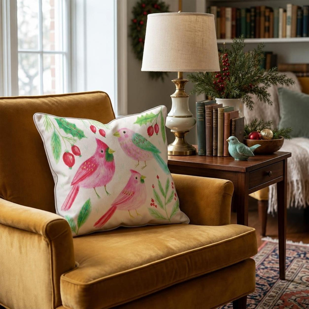 Rosy Cardinal Trio Throw Pillow throw pillow - Hillcroft Home