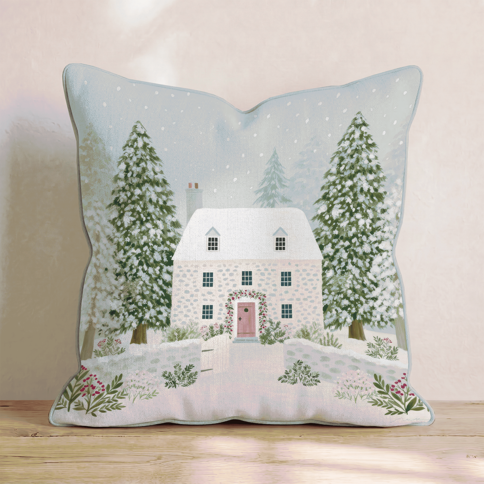 Sage Cottage Wreath Door Throw Pillow - Hillcroft Home