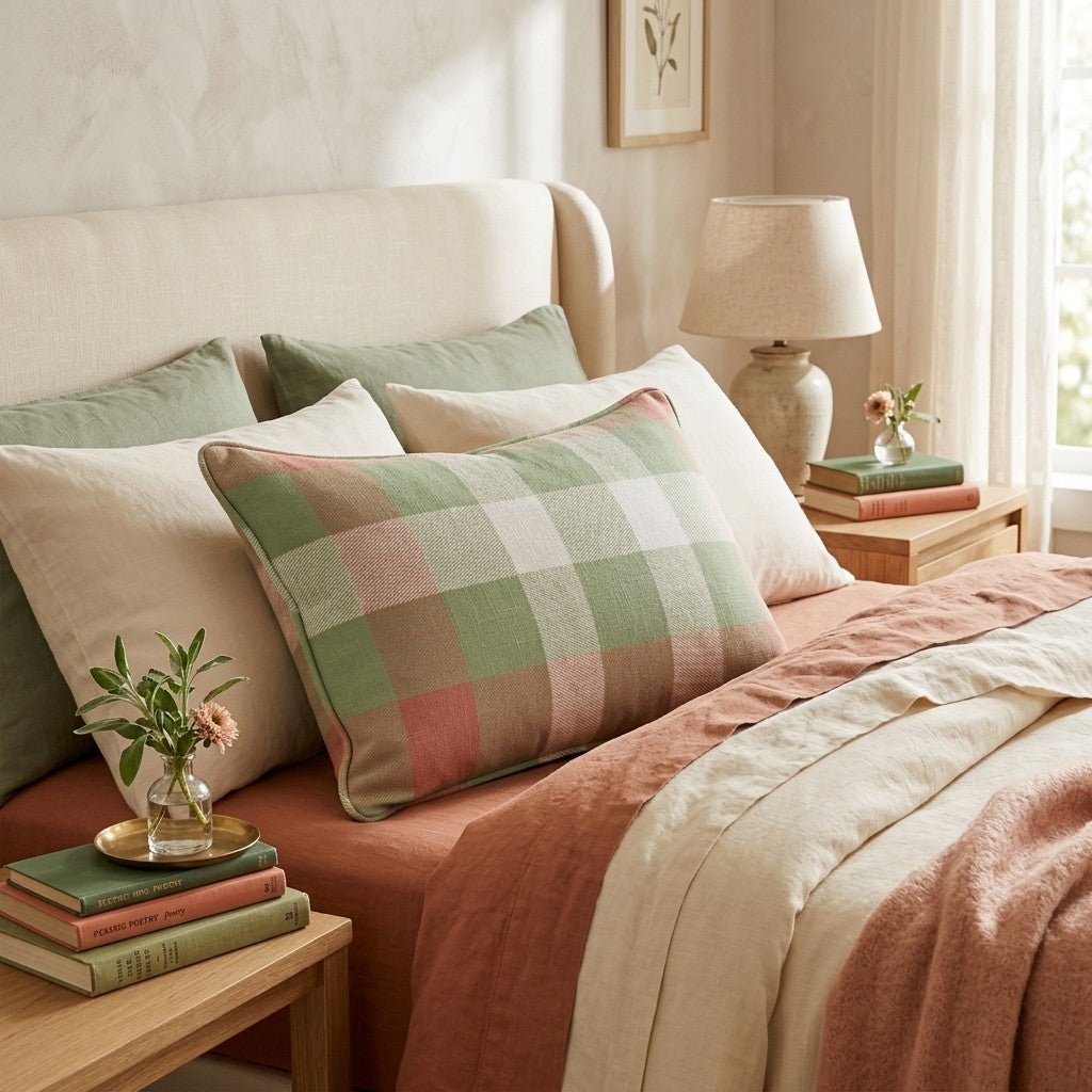 Sage & Terracotta Check Throw Pillow - Hillcroft Home