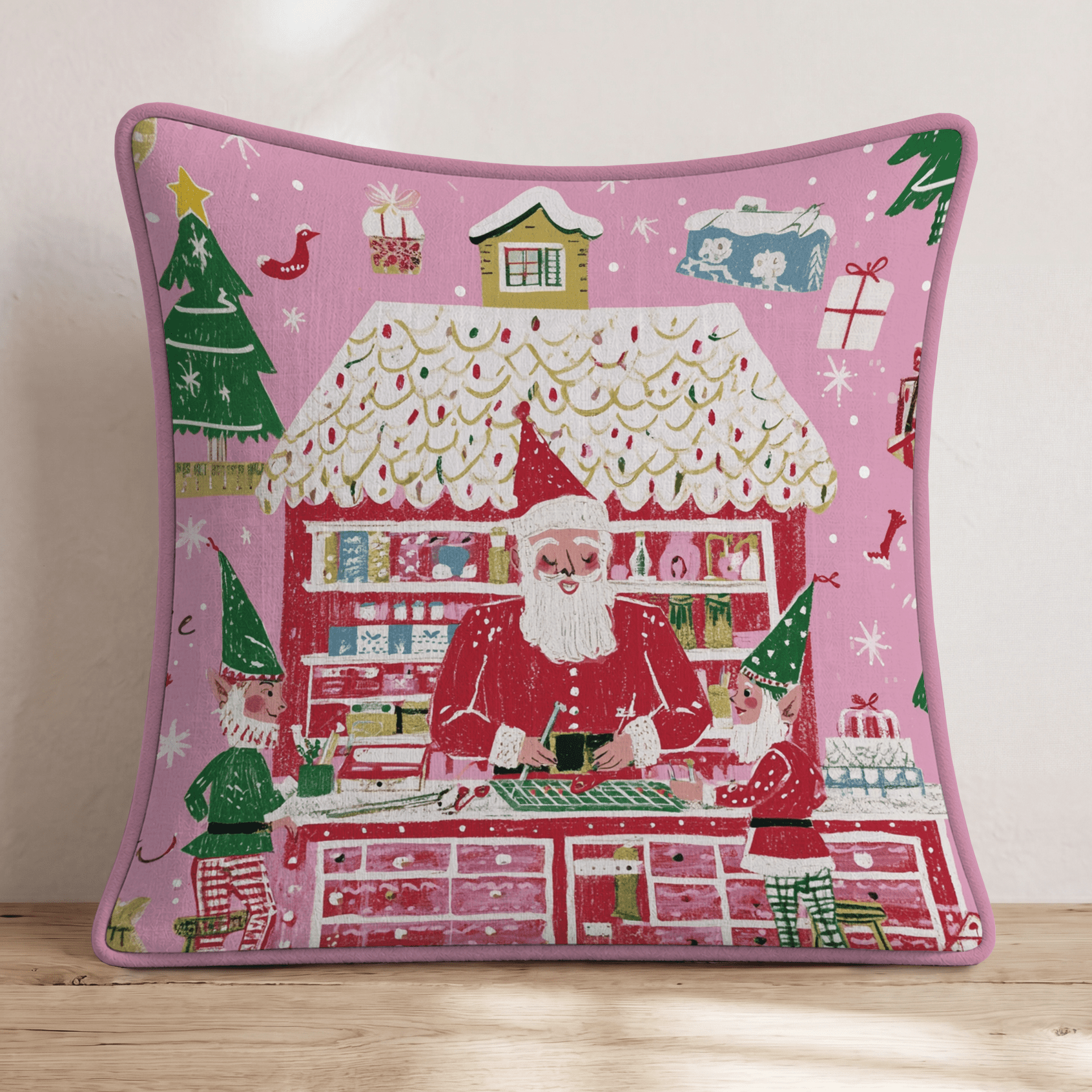 Santa and His Workers Throw Pillow - Hillcroft Home