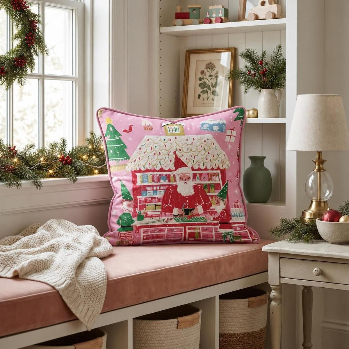 Santa and His Workers Throw Pillow throw pillow - Hillcroft Home