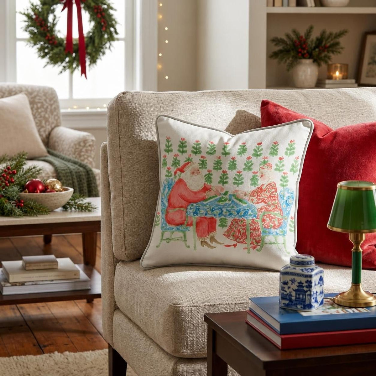 Santa and Mrs Claus Christmas Mahjong Throw Pillow throw pillow - Hillcroft Home