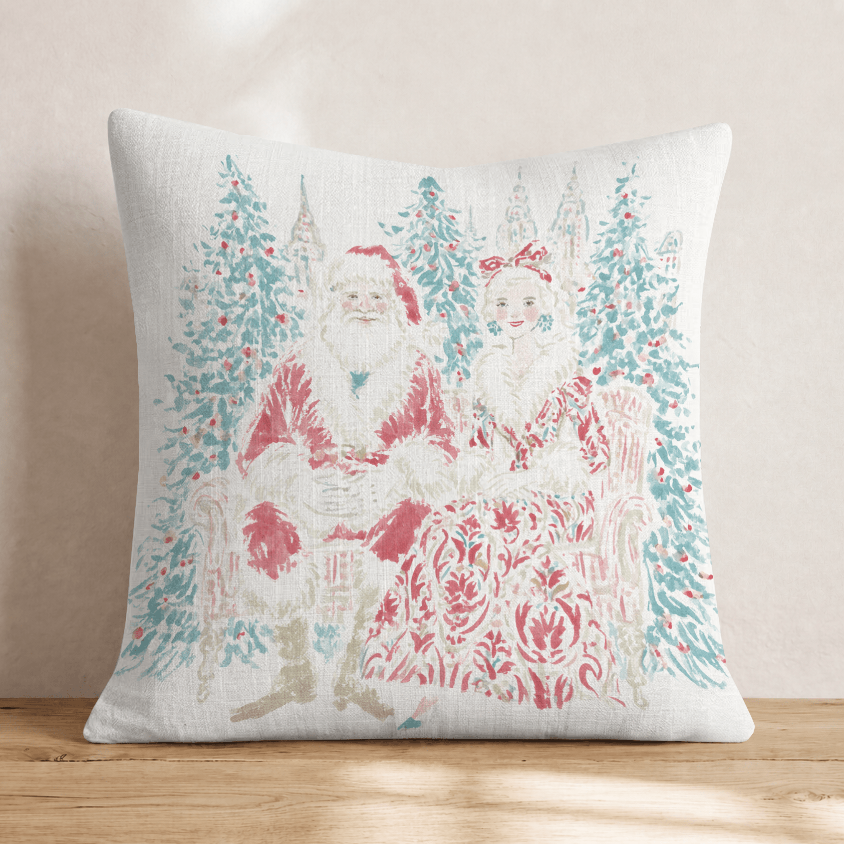 Santa and Mrs Claus NYC Christmas Throw Pillow - Hillcroft Home