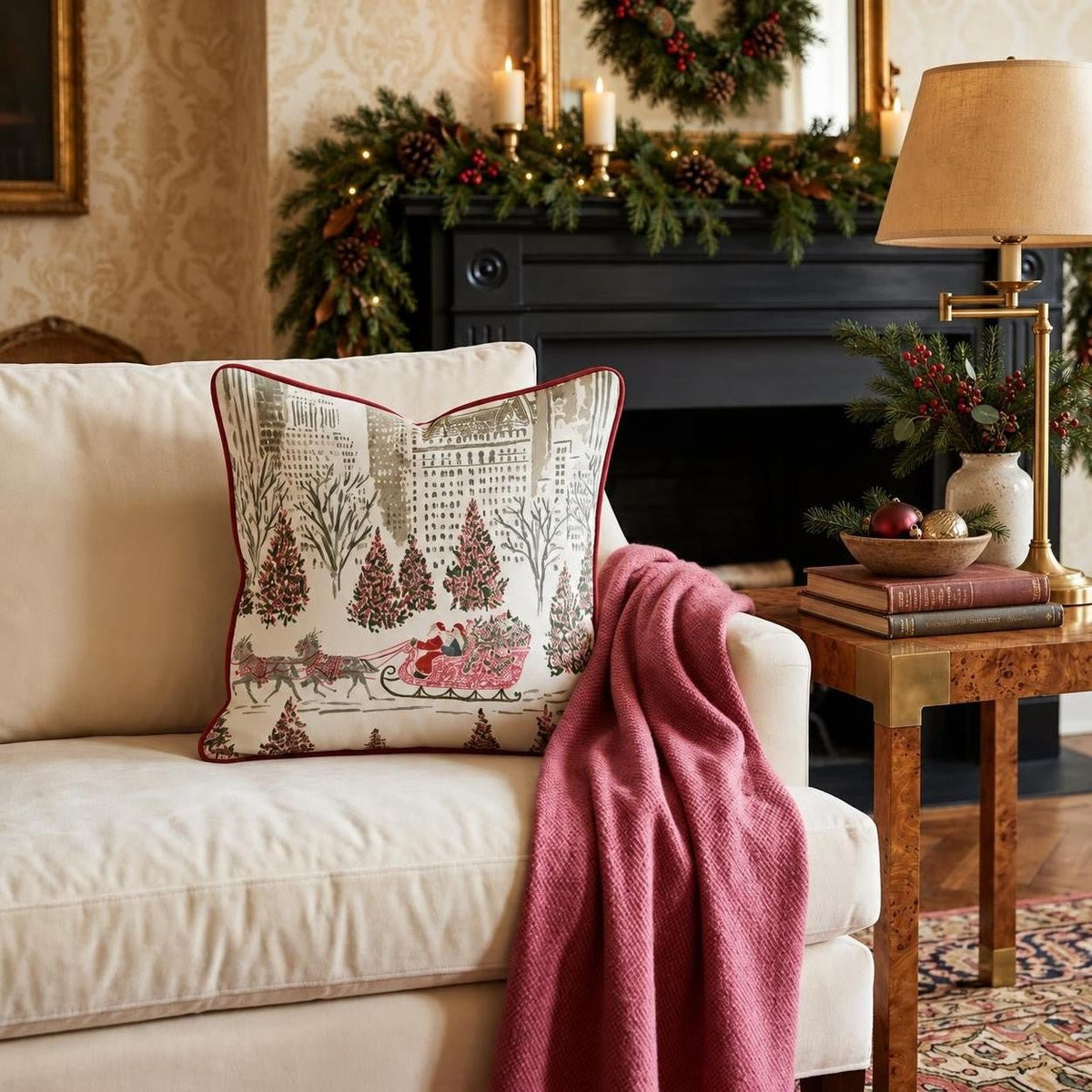 Santa Flying Over New York Christmas Throw Pillow throw pillow - Hillcroft Home