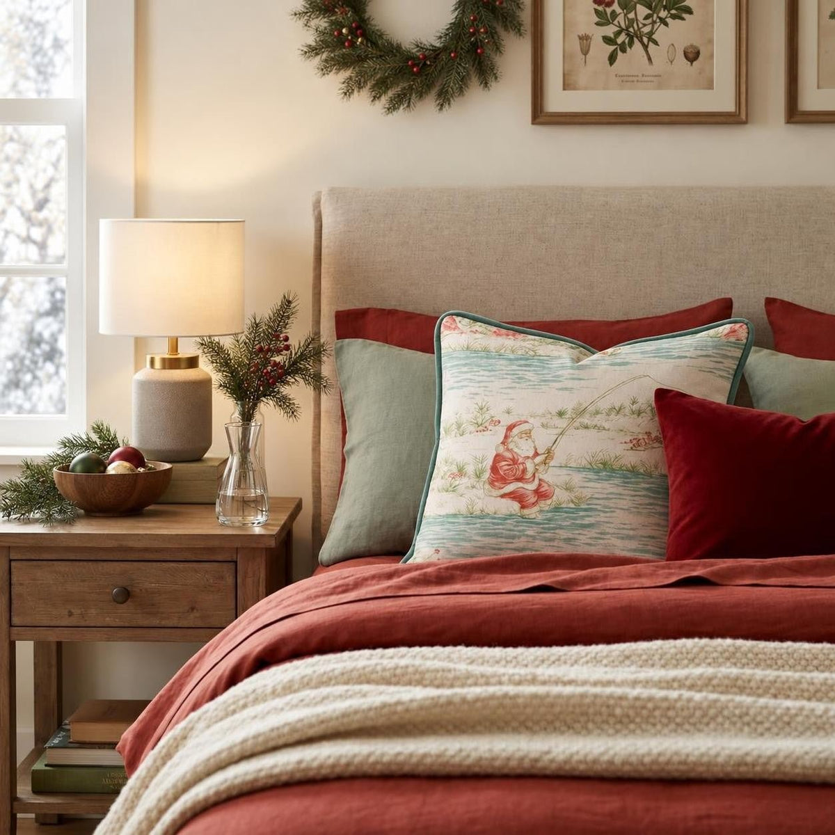 Santa Holiday Fishing Magic Throw Pillow throw pillow - Hillcroft Home