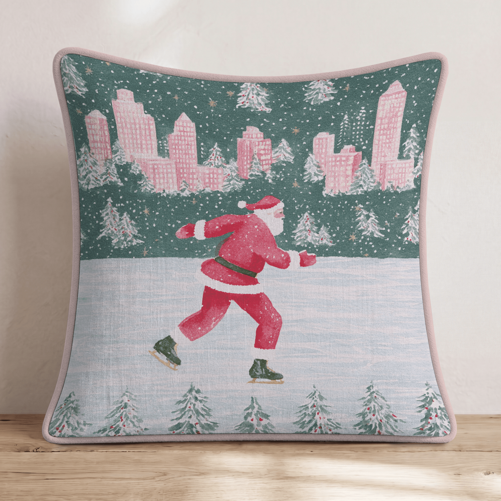 Santa Ice Skating in NYC Throw Pillow - Hillcroft Home