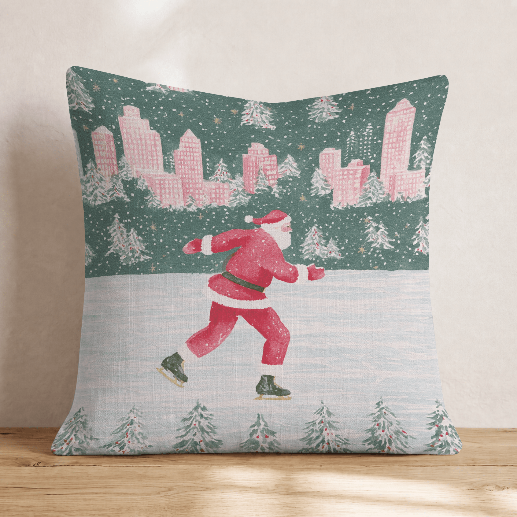 Santa Ice Skating in NYC Throw Pillow - Hillcroft Home