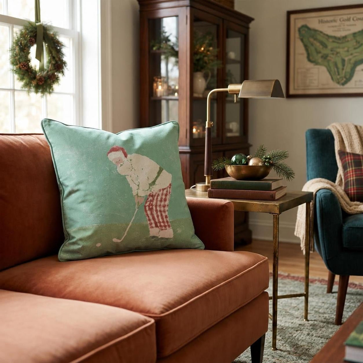 Santa On The Green Throw Pillow throw pillow - Hillcroft Home