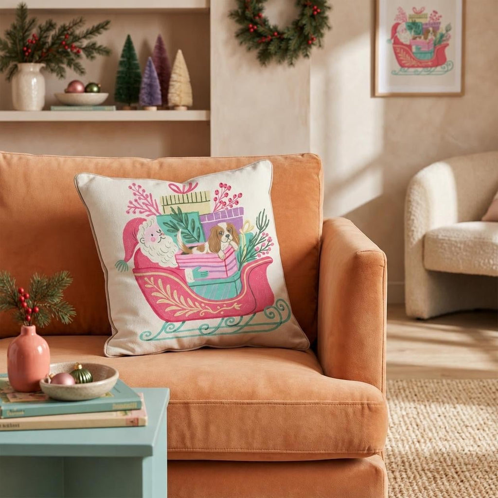 Santa_s Sleigh and Cavalier King Charles Spaniel Throw Pillow throw pillow - Hillcroft Home