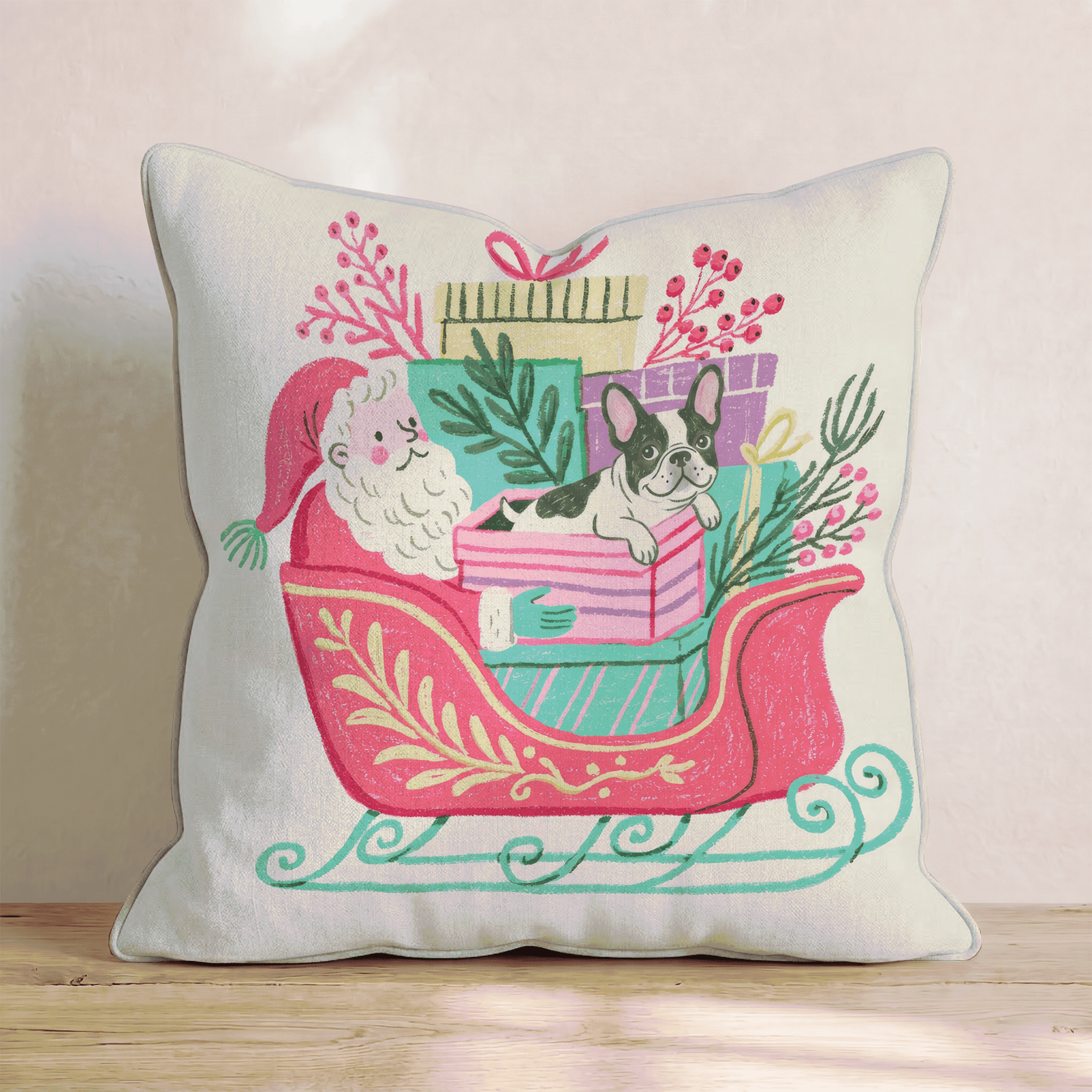 Santa_s Sleigh and French Bulldog Throw Pillow - Hillcroft Home