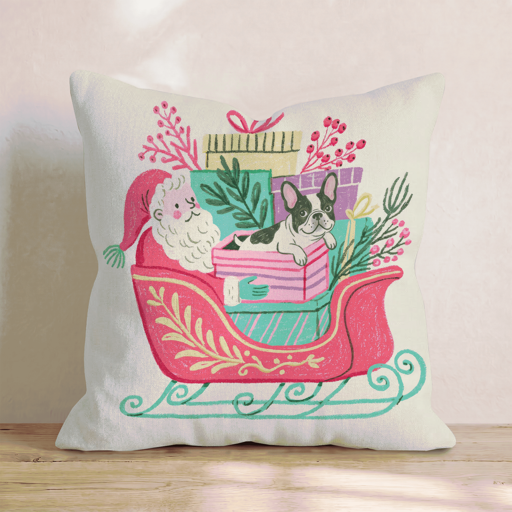 Santa_s Sleigh and French Bulldog Throw Pillow - Hillcroft Home