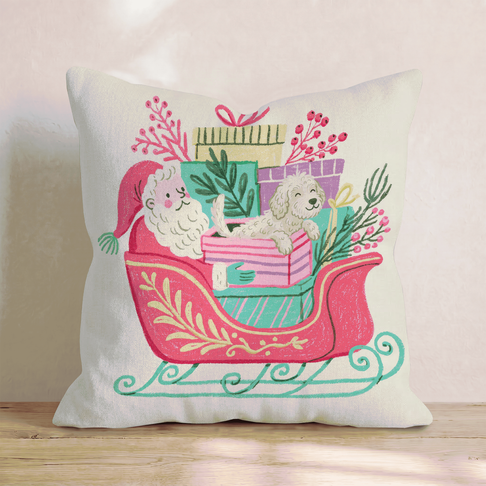 Santa_s Sleigh and Labradoodle Throw Pillow - Hillcroft Home