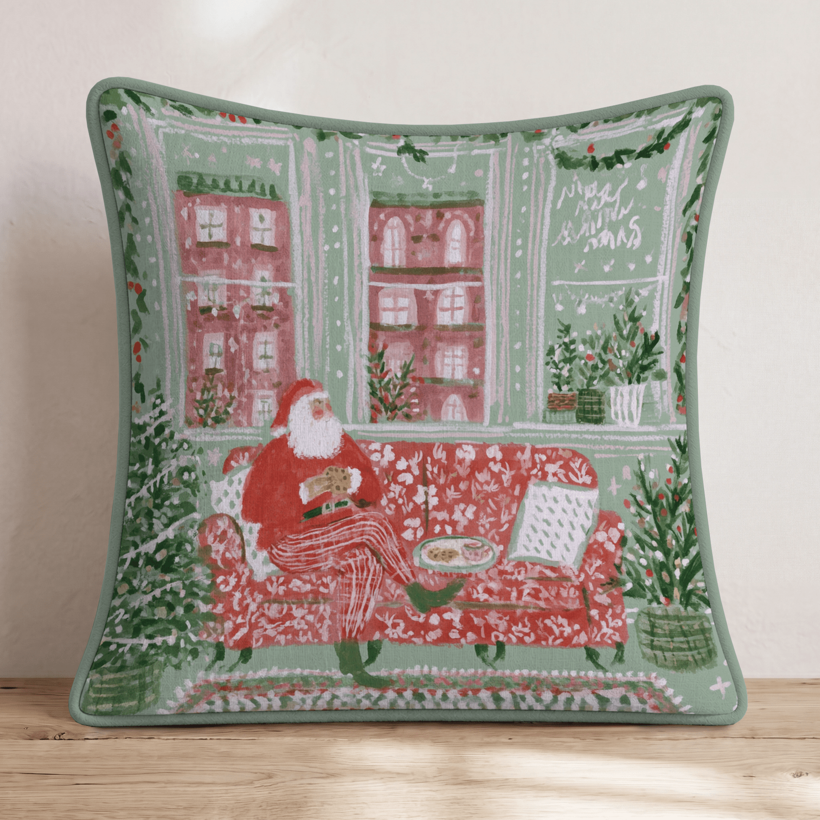 Santa's NYC Brownstone Cookie Stop Throw Pillow - Hillcroft Home