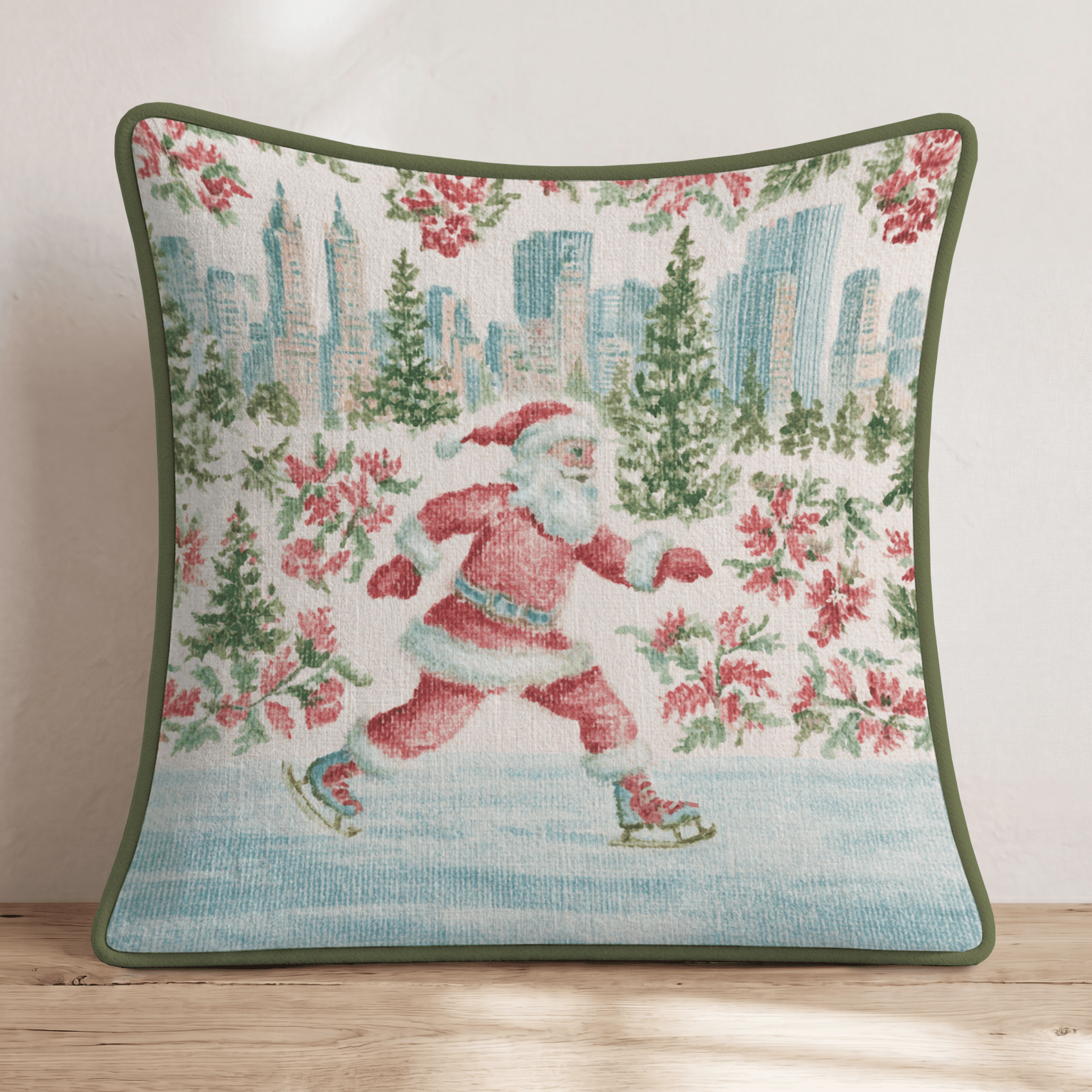 Santa's NYC Christmas Skate Throw Pillow - Hillcroft Home