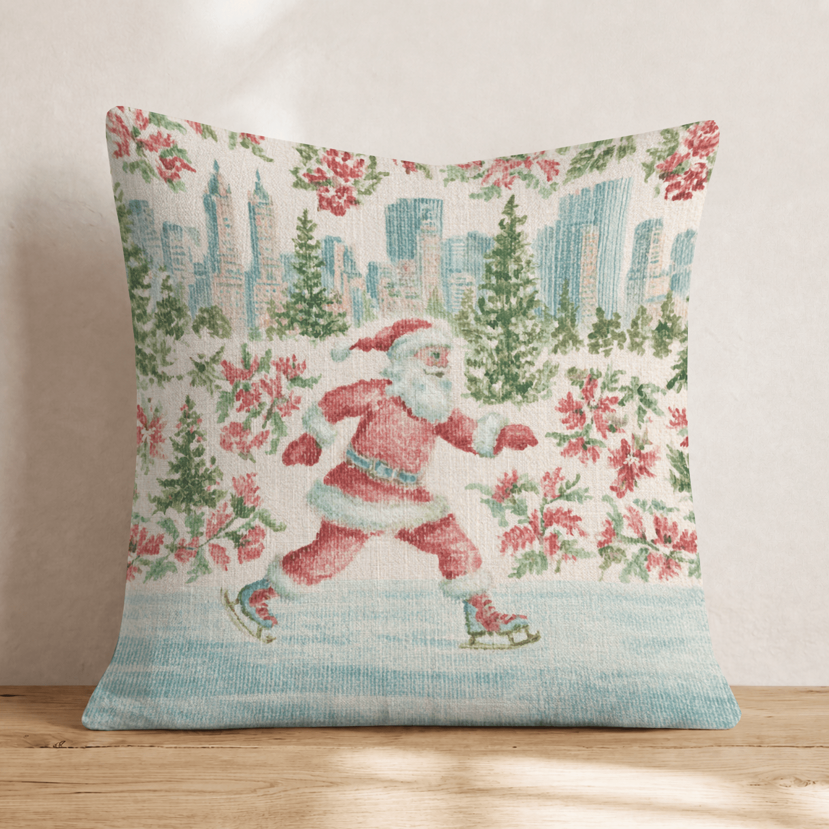 Santa's NYC Christmas Skate Throw Pillow - Hillcroft Home