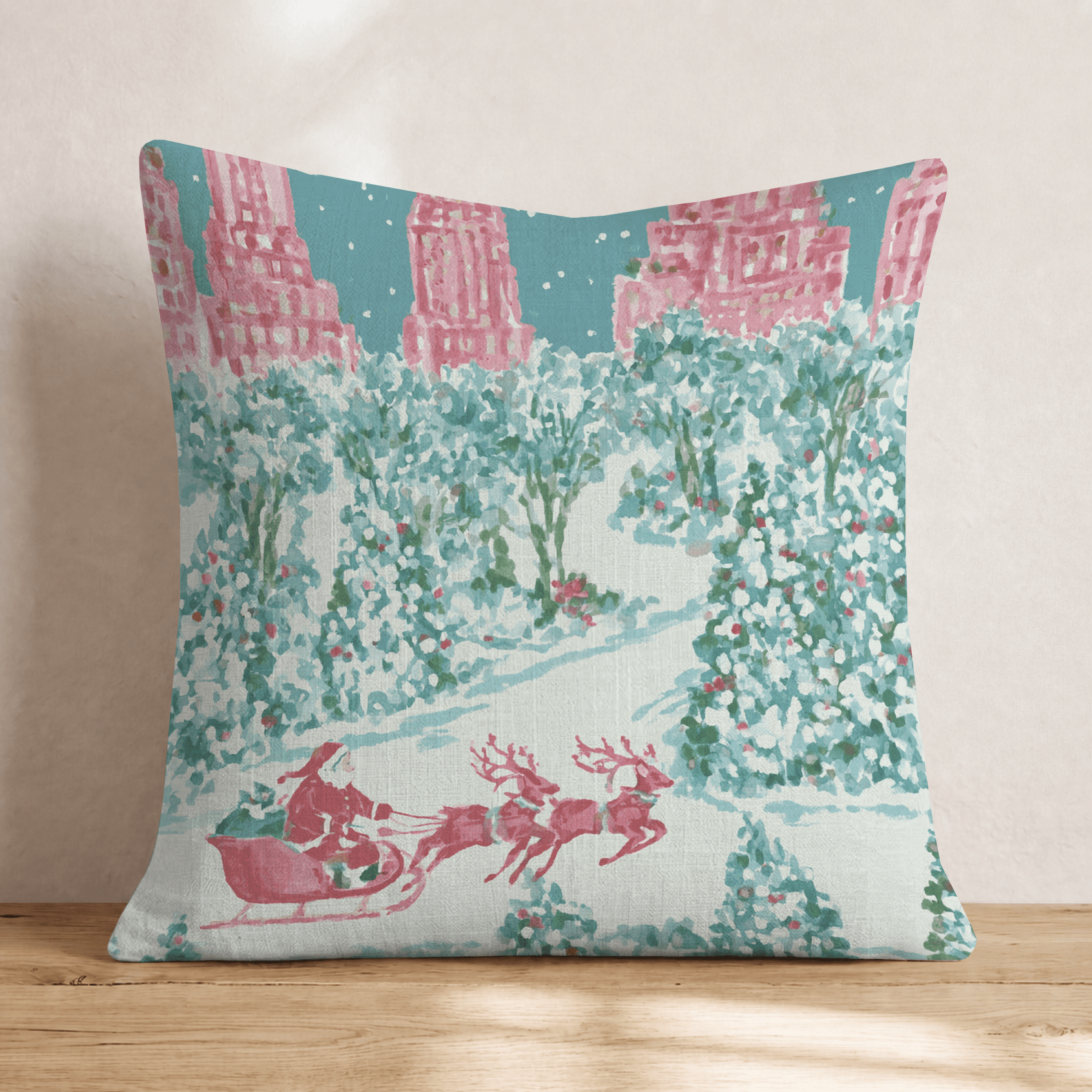 Santa's Sleigh NYC Holiday Night Throw Pillow - Hillcroft Home