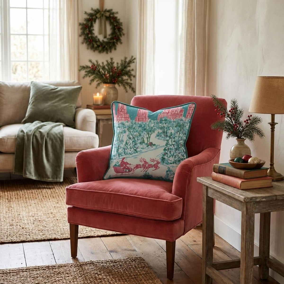 Santa's Sleigh NYC Holiday Night Throw Pillow throw pillow - Hillcroft Home