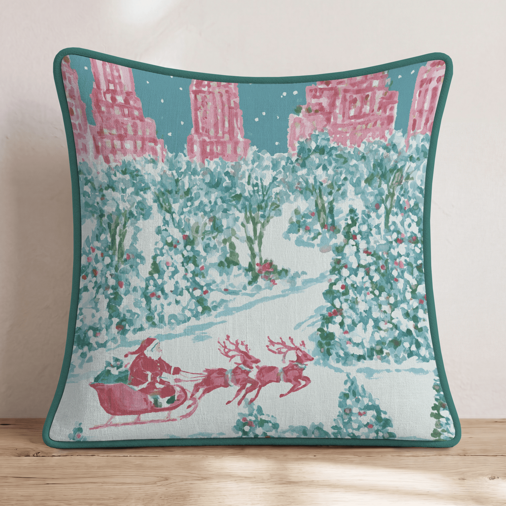 Santa's Sleigh NYC Holiday Night Throw Pillow - Hillcroft Home