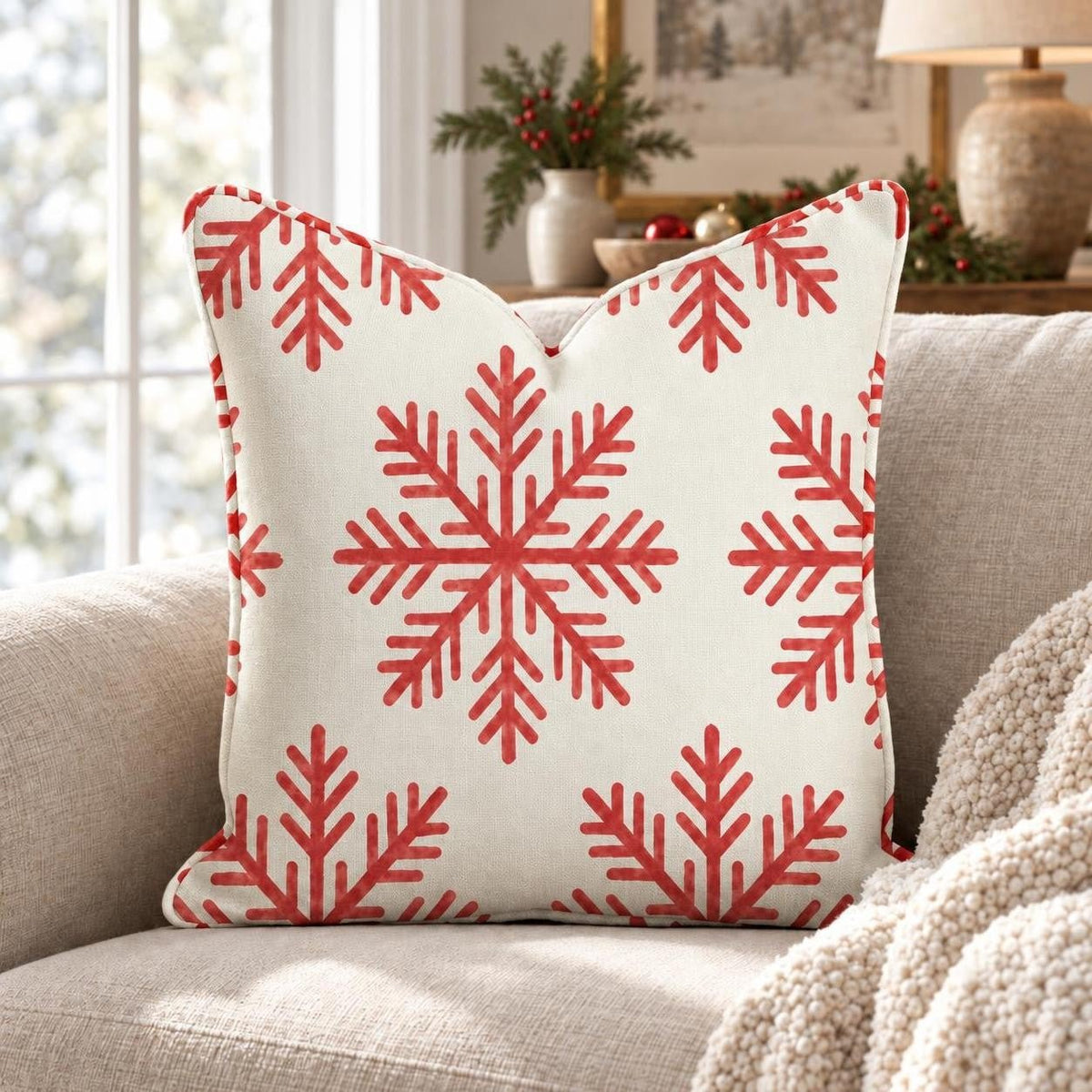 Scarlet Snowfall Throw Pillow throw pillow - Hillcroft Home